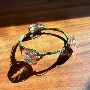 Goldtone Twisted Wire Wrapped Bracelet Three Large Light Pink Fashion Gemstones